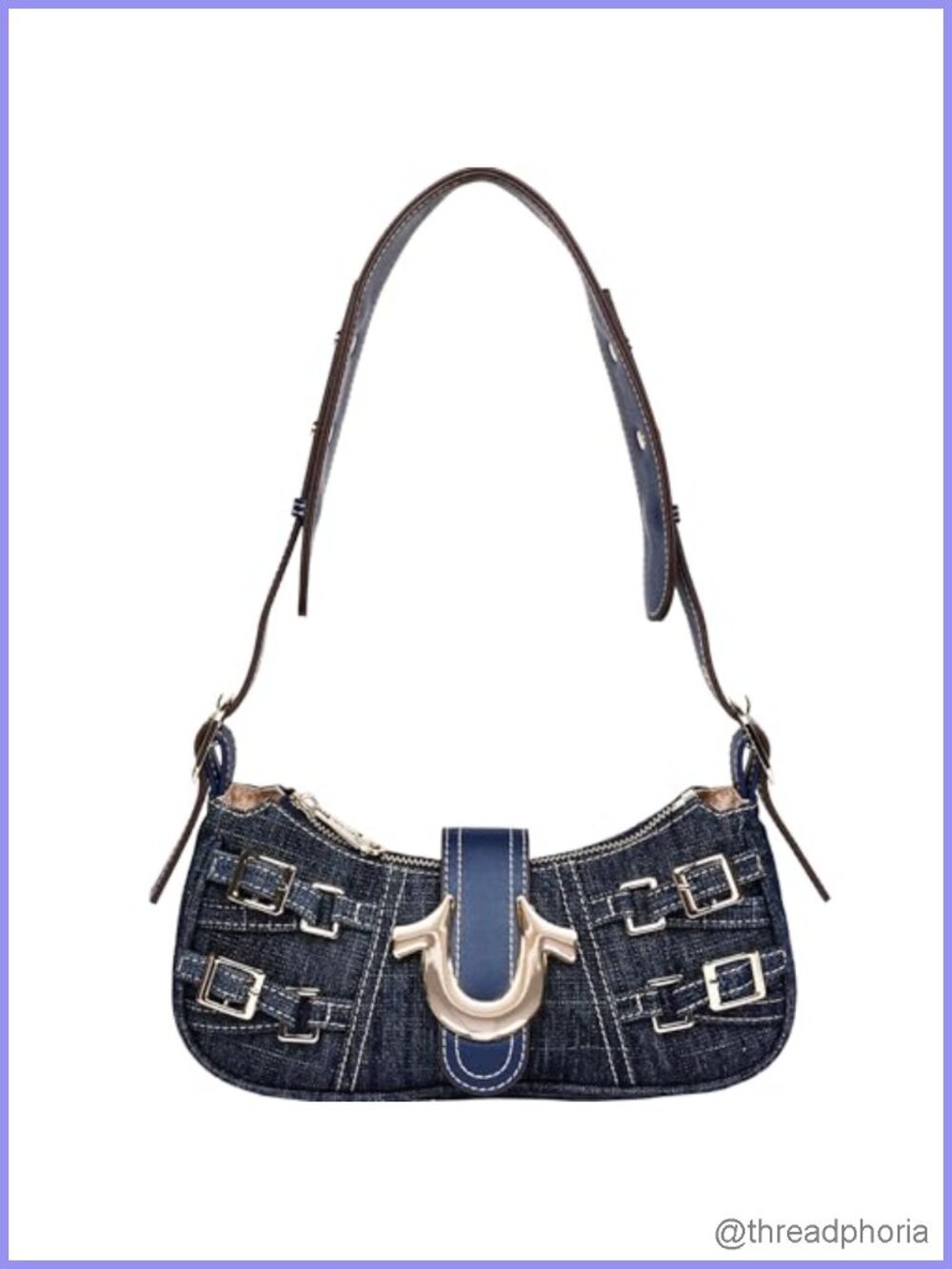 Denim Shoulder Bag with Adjustable Strap & Gold Tone Hardware